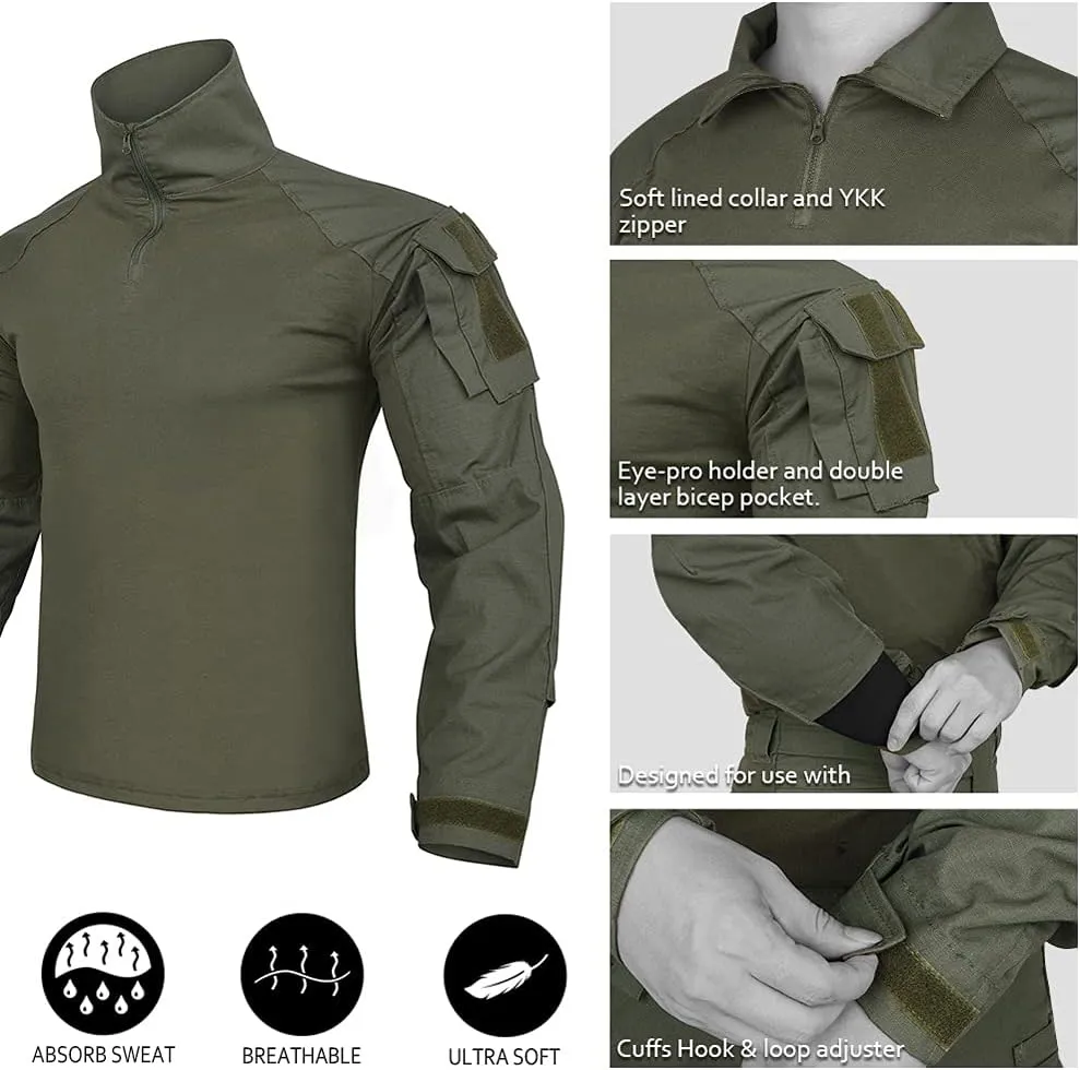 KRYDEX Tactical Men's Combat Shirt Rapid Assault Long Sleeve Shirt with Elbow Pads