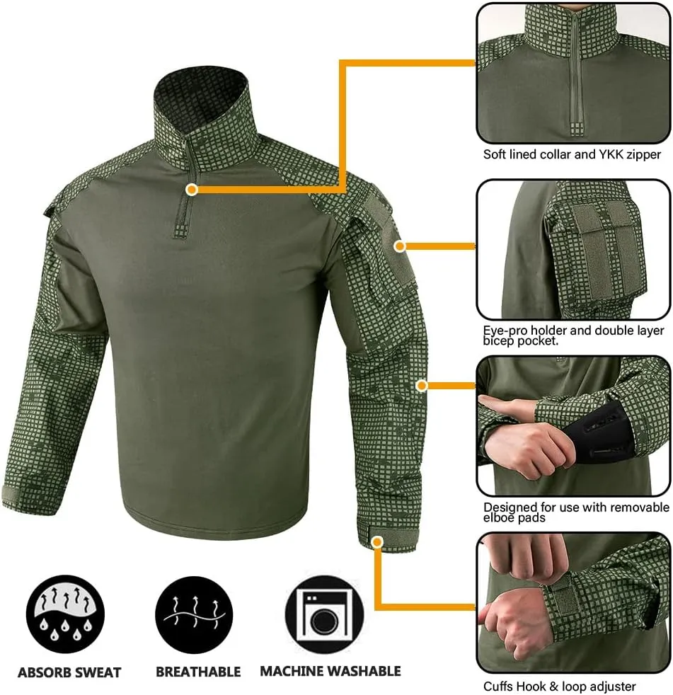KRYDEX Tactical Men's Combat Shirt Rapid Assault Long Sleeve Shirt with Elbow Pads