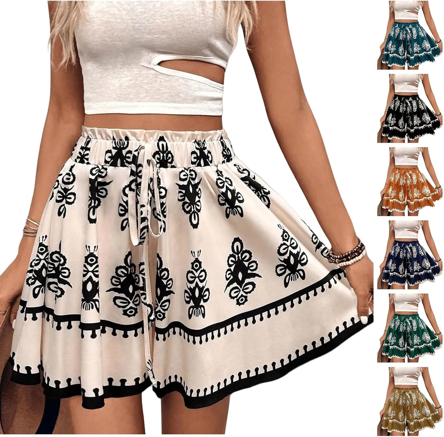 Kubbon Flowy Shorts for Women Floral Printed Shorts High Waist Boho Skorts Casual Baggy Ruffle Tennis Skirts Summer Clothes