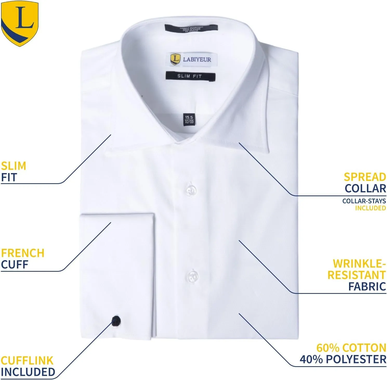 Labiyeur Men's Slim Fit Spread Collar French Cuff Long Sleeve Formal Dress Shirt