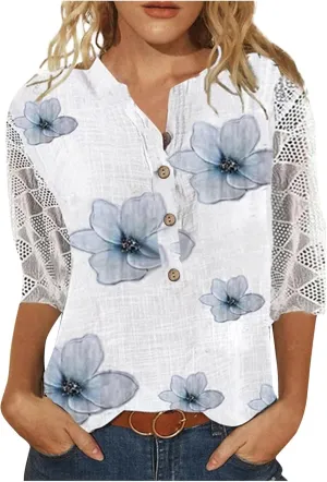 Lace 3/4 Length Sleeve Henley Shirts for Women Floral Print V Neck Button Down Trendy Summer Tops