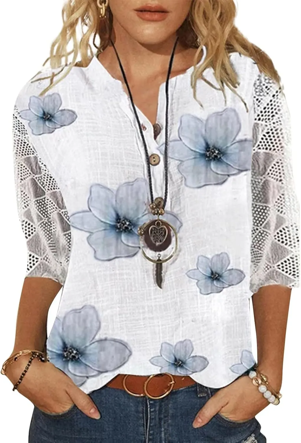 Lace 3/4 Length Sleeve Henley Shirts for Women Floral Print V Neck Button Down Trendy Summer Tops