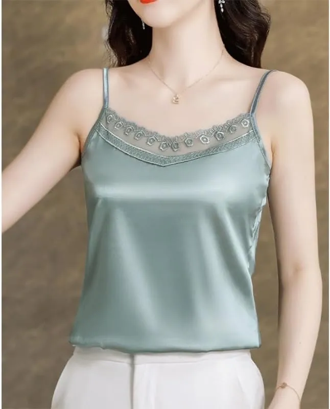 Lace Camisole Suit Base Shirt Fashionable Outer Wear Large Size Sleeveless Satin Top for Women(Gray,XXX-Large)