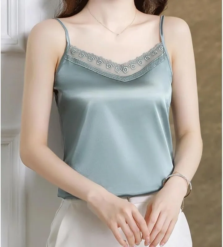 Lace Camisole Suit Base Shirt Fashionable Outer Wear Large Size Sleeveless Satin Top for Women(Gray,XXX-Large)