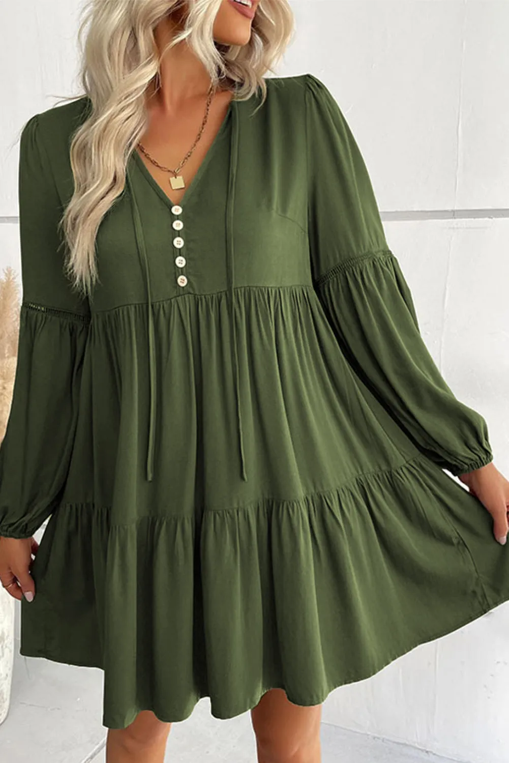 Lace Puff Sleeve Tiered Ruffled Mini Dress