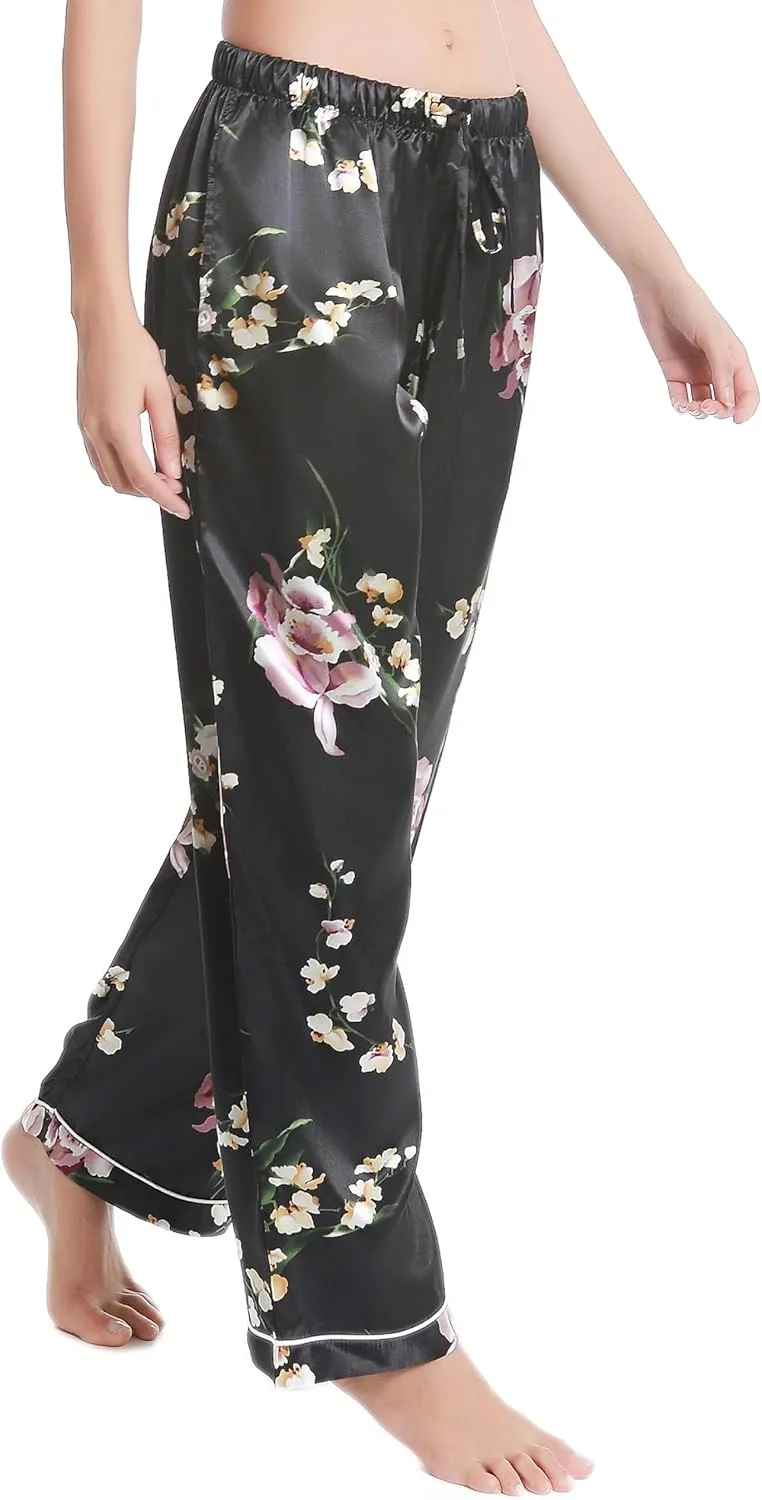 Lavenderi Women's Silk Satin Pajama Pants, Long Sleep Pants with Drawstring