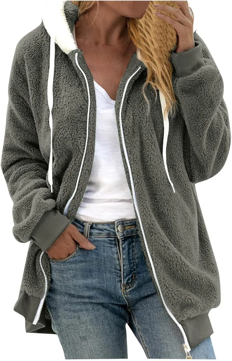 LCMTWX Fuzzy Shaggy Teddy Coats Jacket Cute Hooded Pullover Sweatershirt Solid Artificial Wool Coats Outwear Winter Coat