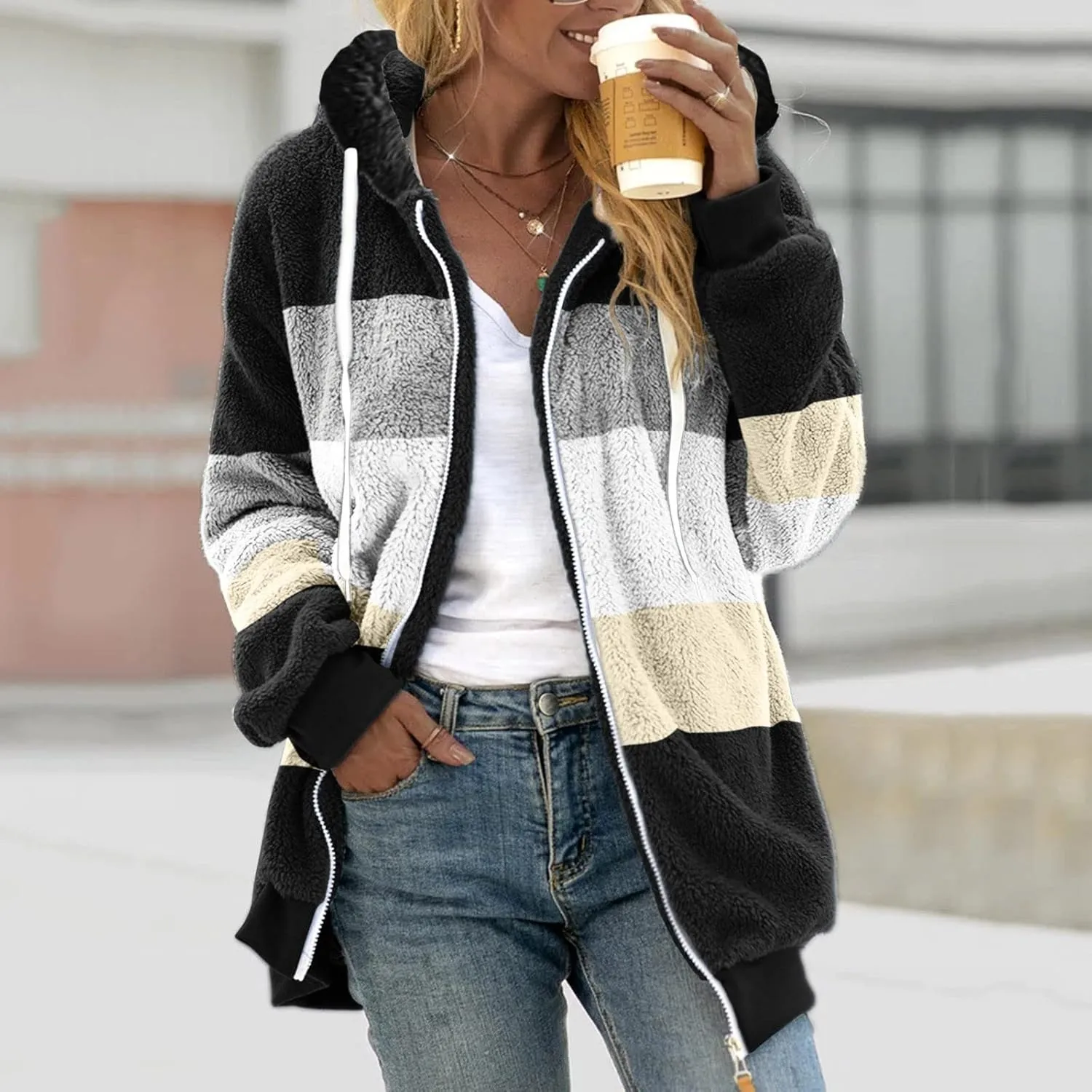LCMTWX Fuzzy Shaggy Teddy Coats Jacket Cute Hooded Pullover Sweatershirt Solid Artificial Wool Coats Outwear Winter Coat