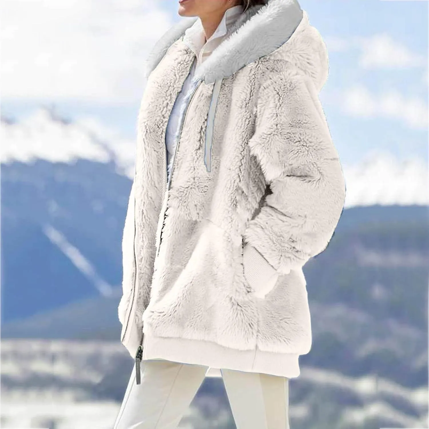 LCMTWX Fuzzy Shaggy Teddy Coats Jacket Cute Hooded Pullover Sweatershirt Solid Artificial Wool Coats Outwear Winter Coat