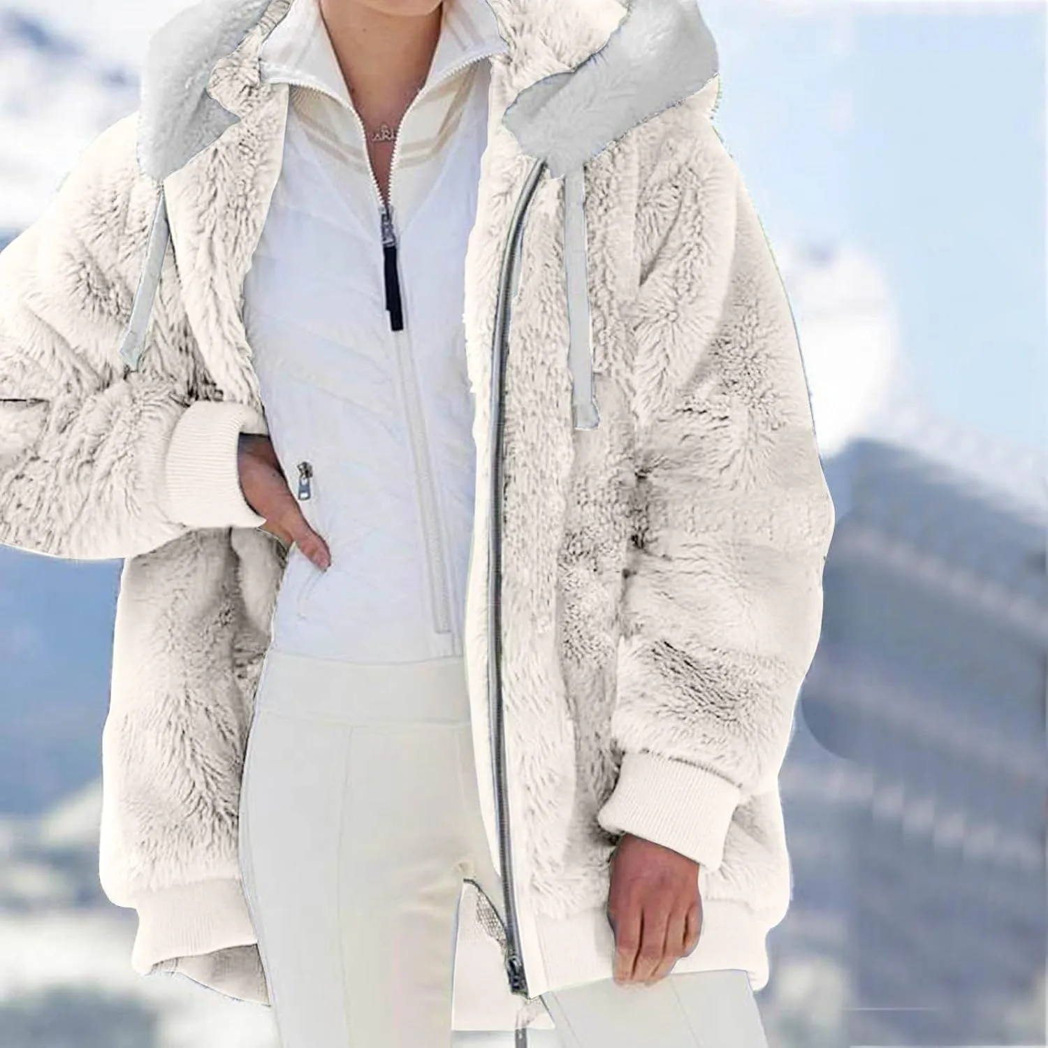 LCMTWX Fuzzy Shaggy Teddy Coats Jacket Cute Hooded Pullover Sweatershirt Solid Artificial Wool Coats Outwear Winter Coat