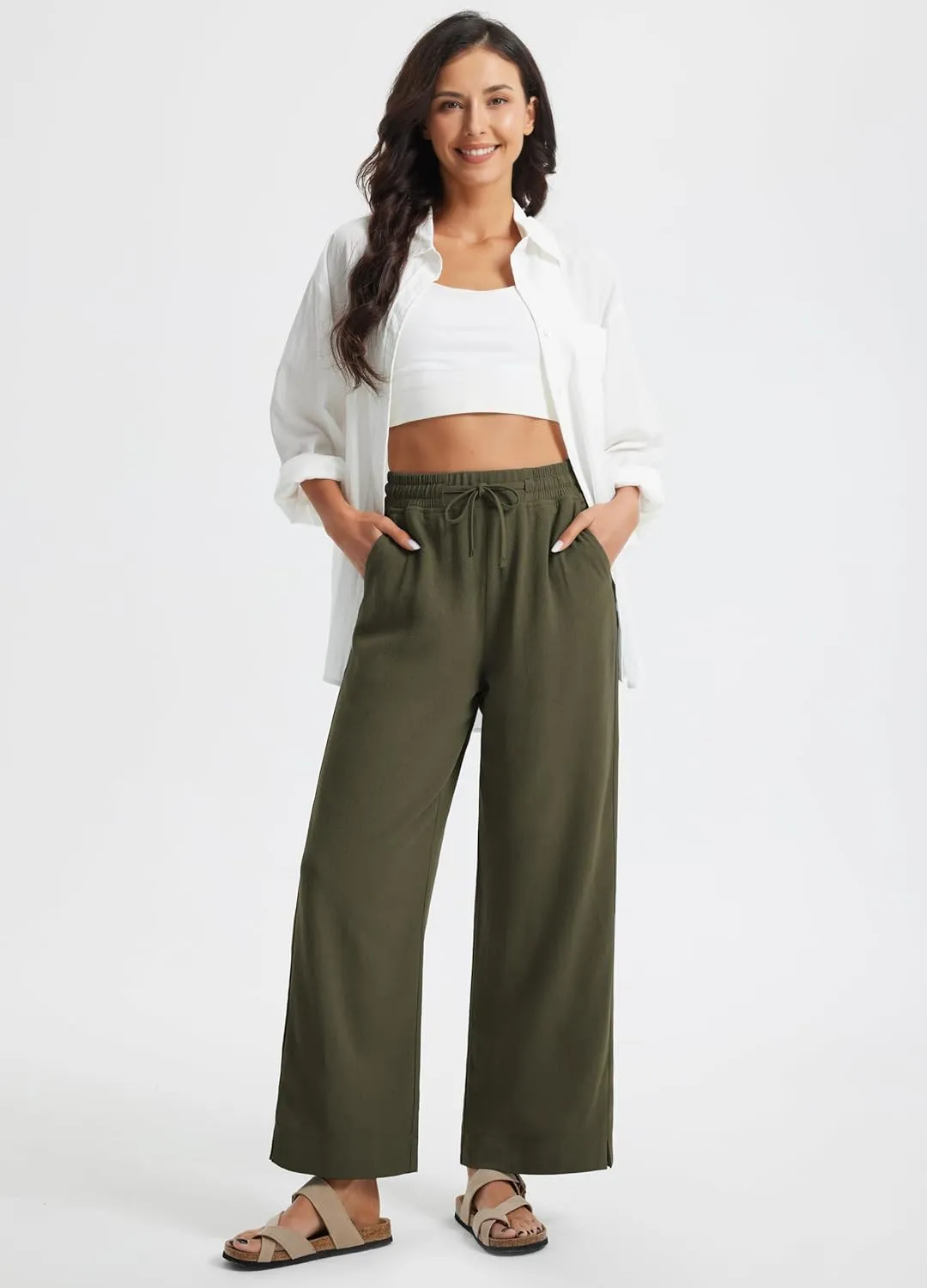 Libin Linen Pants Women Wide Leg Casual Beach Pants Cotton Linen Summer Lounge Pants Travel Work Trousers with Pockets