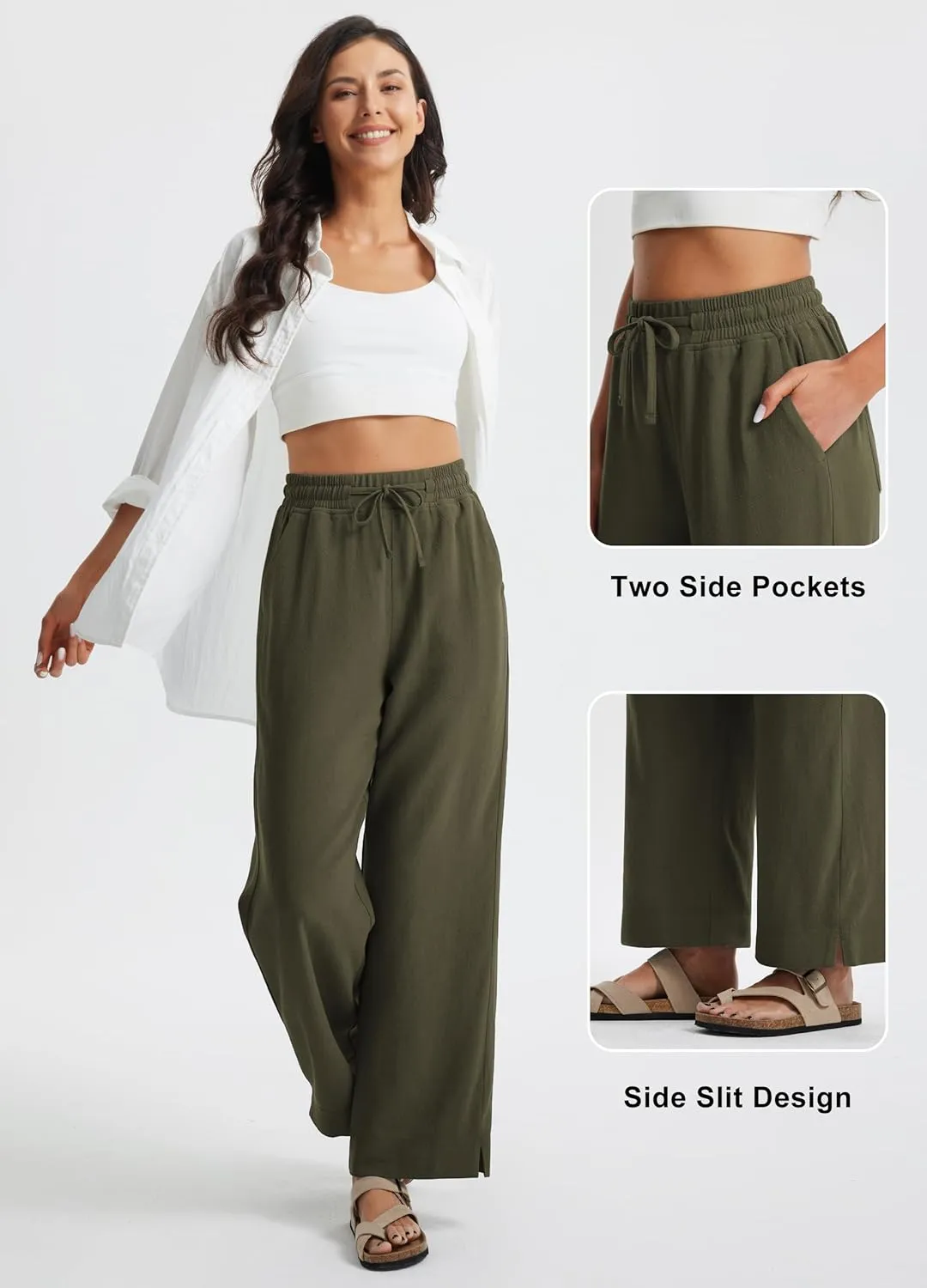 Libin Linen Pants Women Wide Leg Casual Beach Pants Cotton Linen Summer Lounge Pants Travel Work Trousers with Pockets