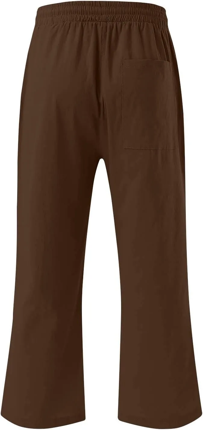 Linen Capri Pants for Women 2025 Summer Casual Elastic Waist Drawstring Pants Straight Wide Leg Cropped Trouser