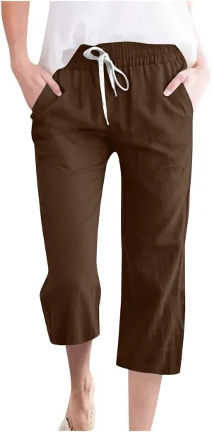 Linen Capri Pants for Women 2025 Summer Casual Elastic Waist Drawstring Pants Straight Wide Leg Cropped Trouser