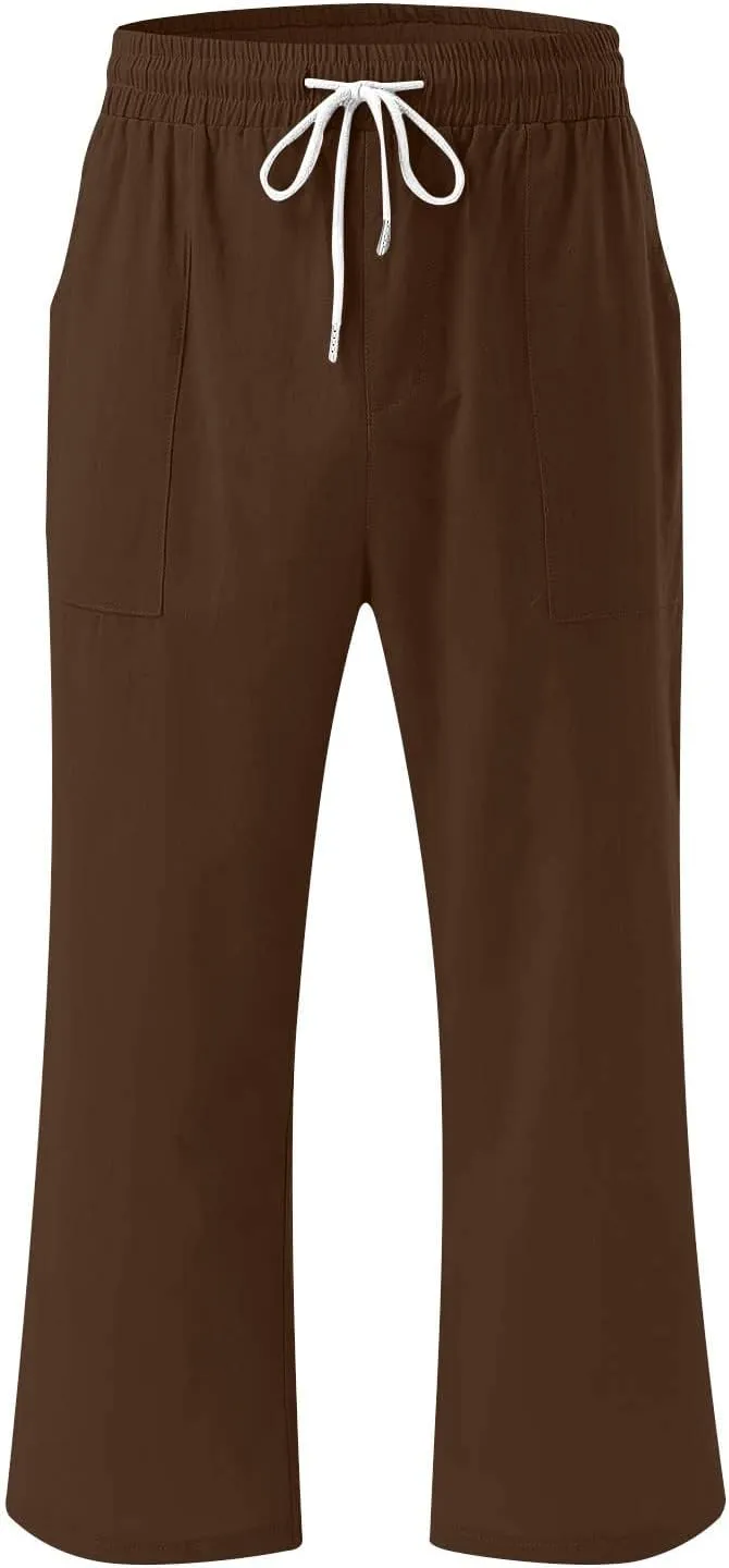 Linen Capri Pants for Women 2025 Summer Casual Elastic Waist Drawstring Pants Straight Wide Leg Cropped Trouser