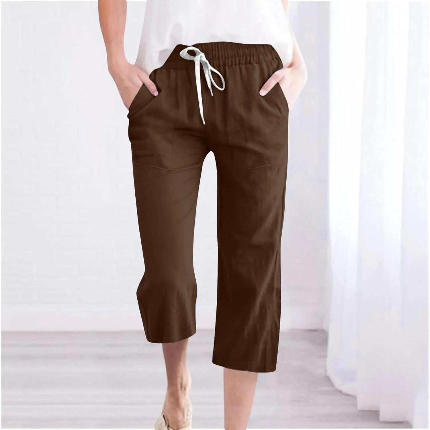 Linen Capri Pants for Women 2025 Summer Casual Elastic Waist Drawstring Pants Straight Wide Leg Cropped Trouser