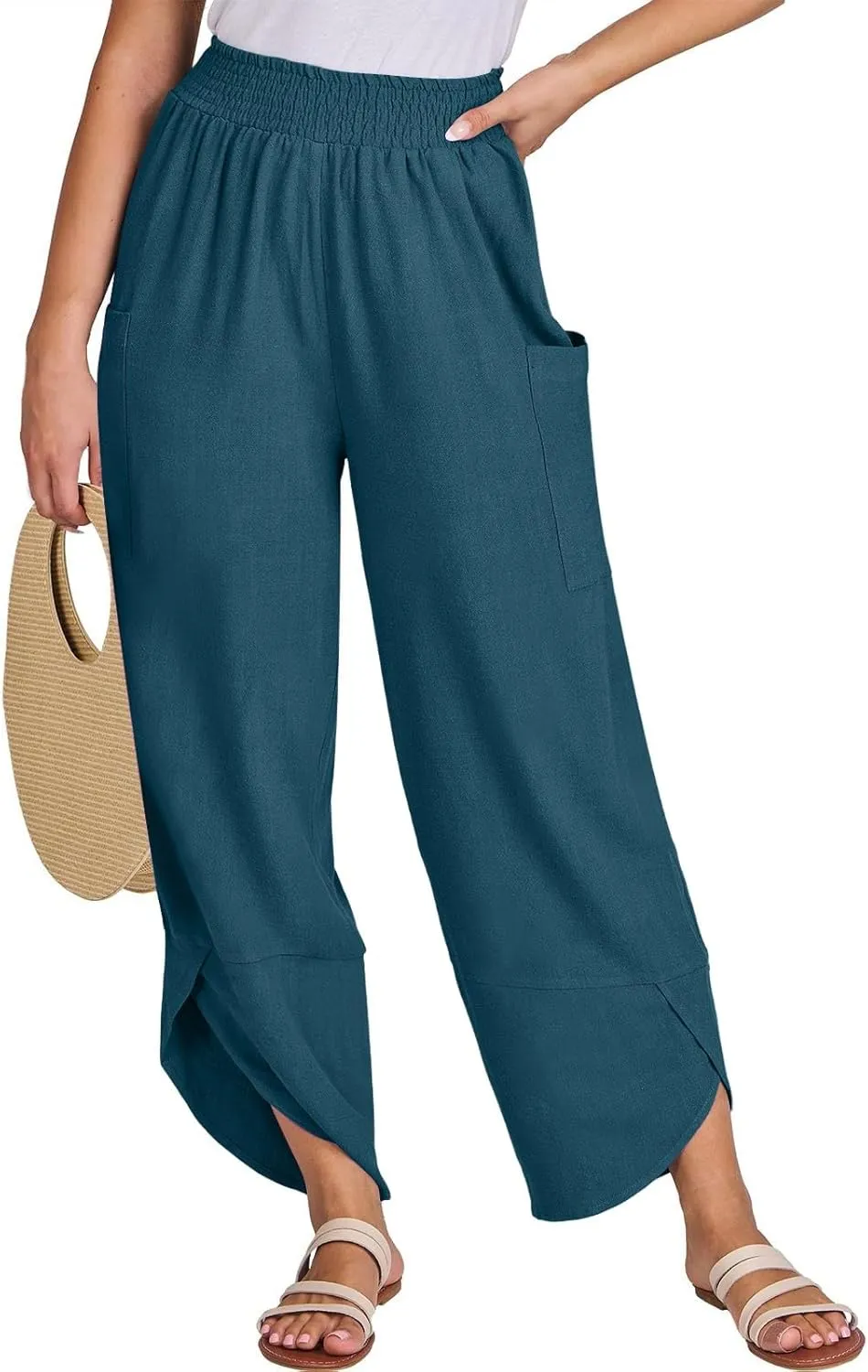 Linen Capri Pants for Women Casual Summer Elastic Waist Cropped Pants Loose Ankle Length Palazzo Trousers with Pockets
