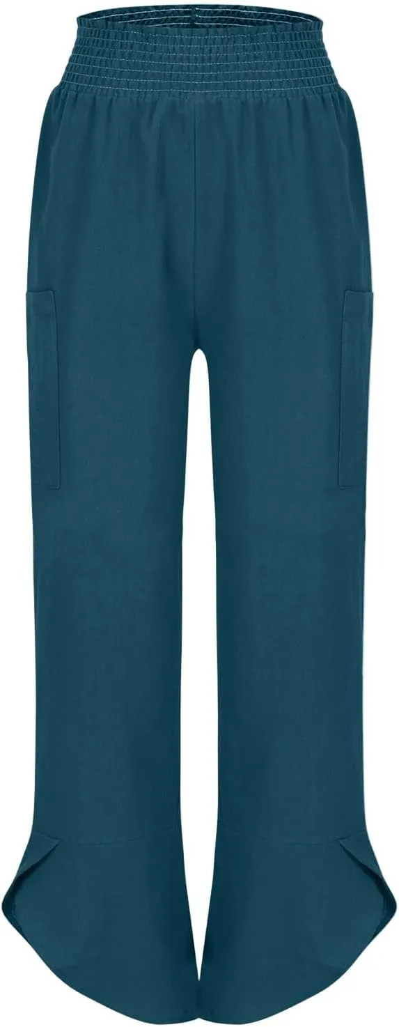 Linen Capri Pants for Women Casual Summer Elastic Waist Cropped Pants Loose Ankle Length Palazzo Trousers with Pockets