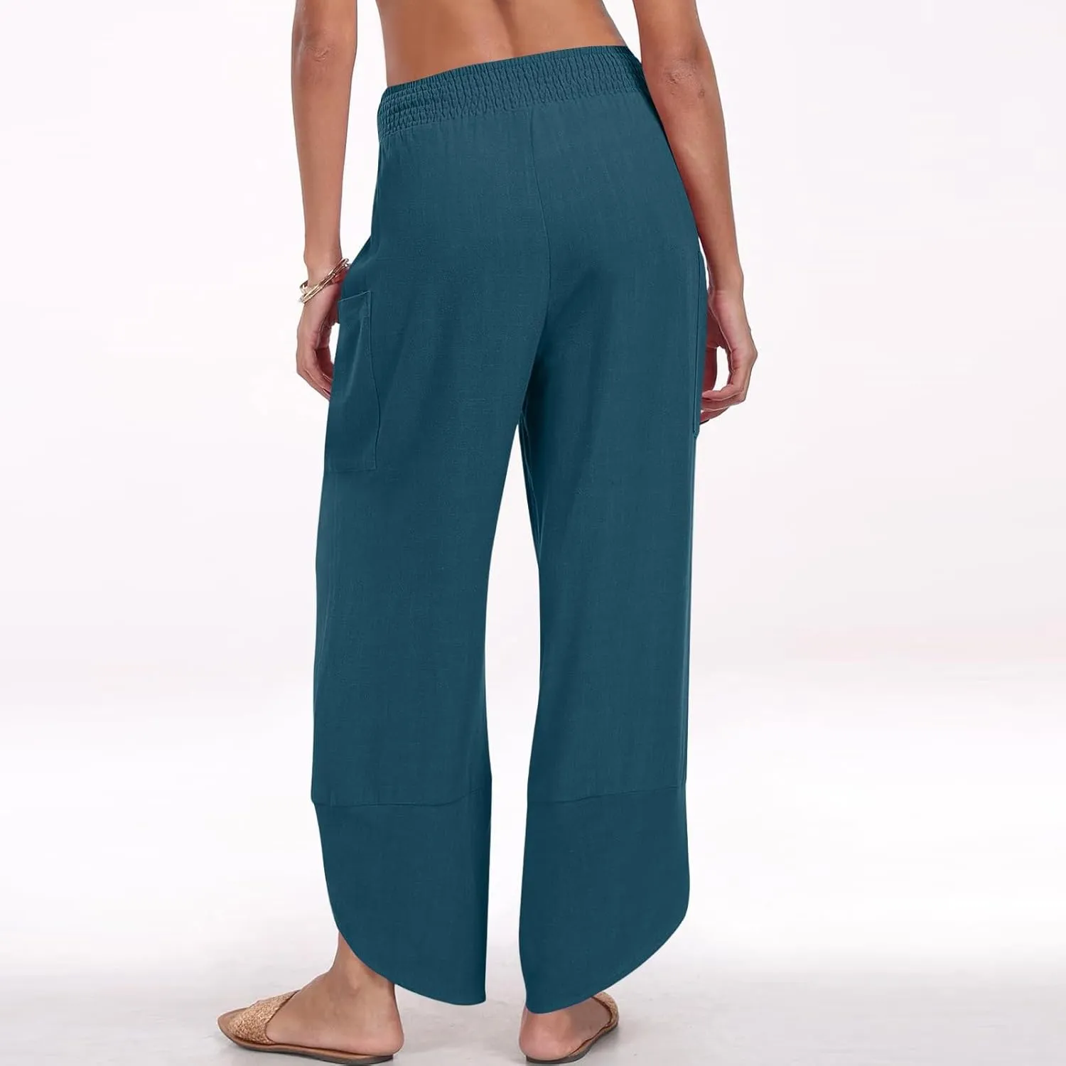 Linen Capri Pants for Women Casual Summer Elastic Waist Cropped Pants Loose Ankle Length Palazzo Trousers with Pockets