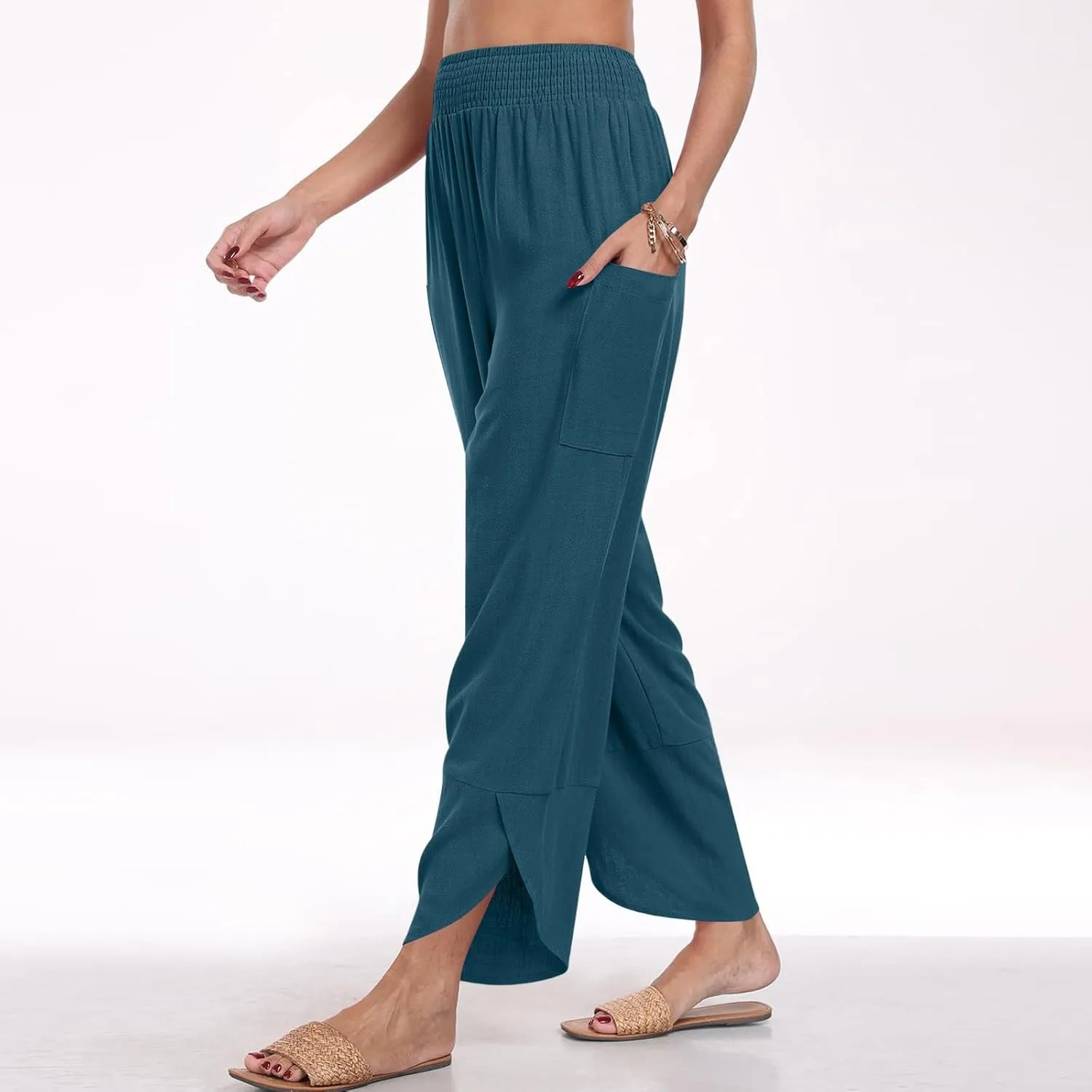 Linen Capri Pants for Women Casual Summer Elastic Waist Cropped Pants Loose Ankle Length Palazzo Trousers with Pockets