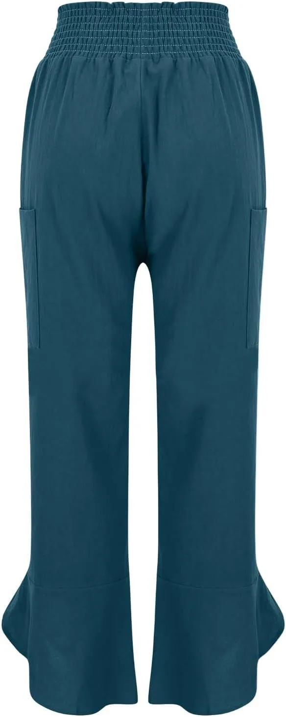 Linen Capri Pants for Women Casual Summer Elastic Waist Cropped Pants Loose Ankle Length Palazzo Trousers with Pockets