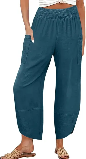 Linen Capri Pants for Women Casual Summer Elastic Waist Cropped Pants Loose Ankle Length Palazzo Trousers with Pockets