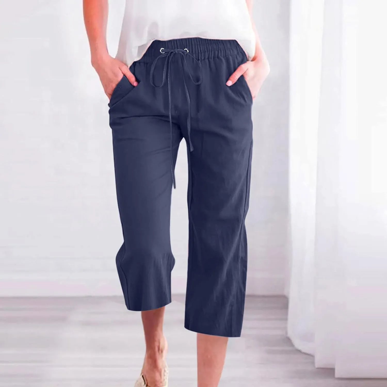 Linen Capri Pants for Women Cotton Casual Summer Capris Drawstring High Waist Pants Wide Leg Cropped Trousers