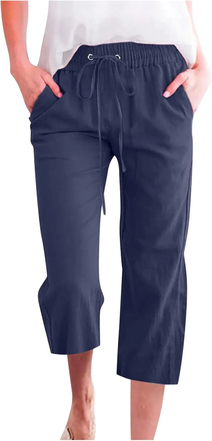 Linen Capri Pants for Women Cotton Casual Summer Capris Drawstring High Waist Pants Wide Leg Cropped Trousers