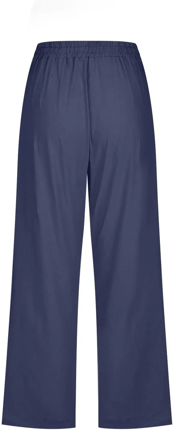 Linen Capri Pants for Women Cotton Casual Summer Capris Drawstring High Waist Pants Wide Leg Cropped Trousers
