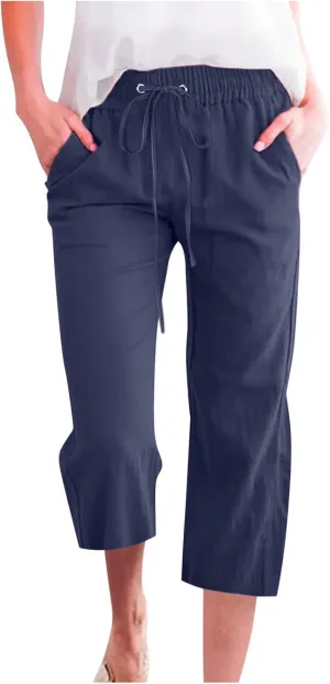 Linen Capri Pants for Women Cotton Casual Summer Capris Drawstring High Waist Pants Wide Leg Cropped Trousers