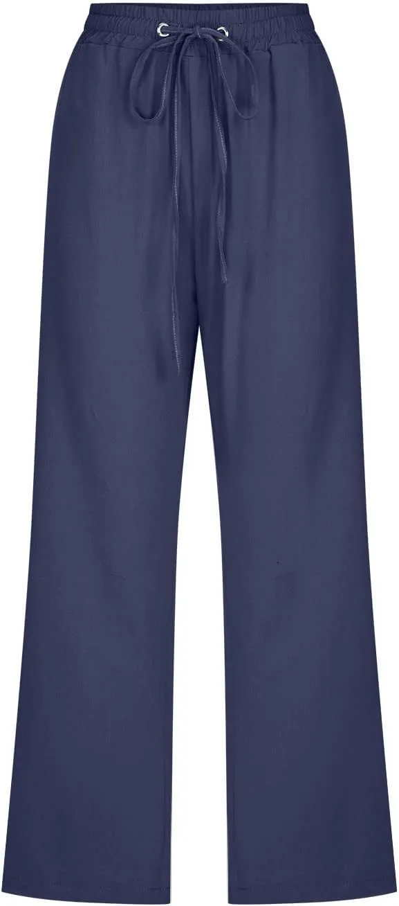 Linen Capri Pants for Women Cotton Casual Summer Capris Drawstring High Waist Pants Wide Leg Cropped Trousers