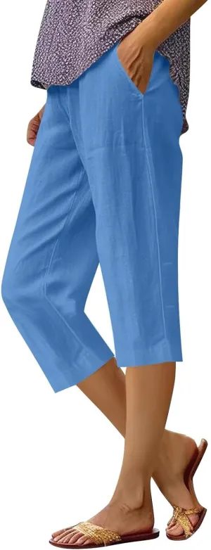 Linen Capri Pants for Women Cotton Linen Pants Casual 2025 Comfy Trendy Elastic Waist Trouser Beach Vacation Clothes