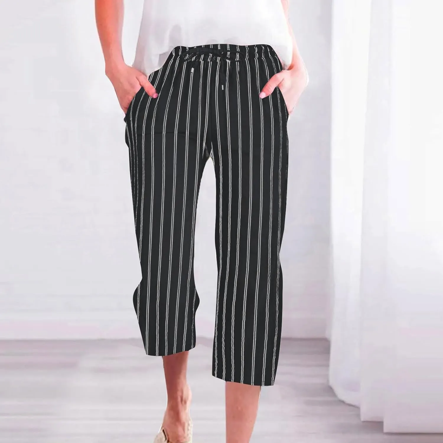 Linen Capri Pants for Women Summer Elastic Waist Casual Straight Leg Drawstring Beach Cropped Trousers with Pockets