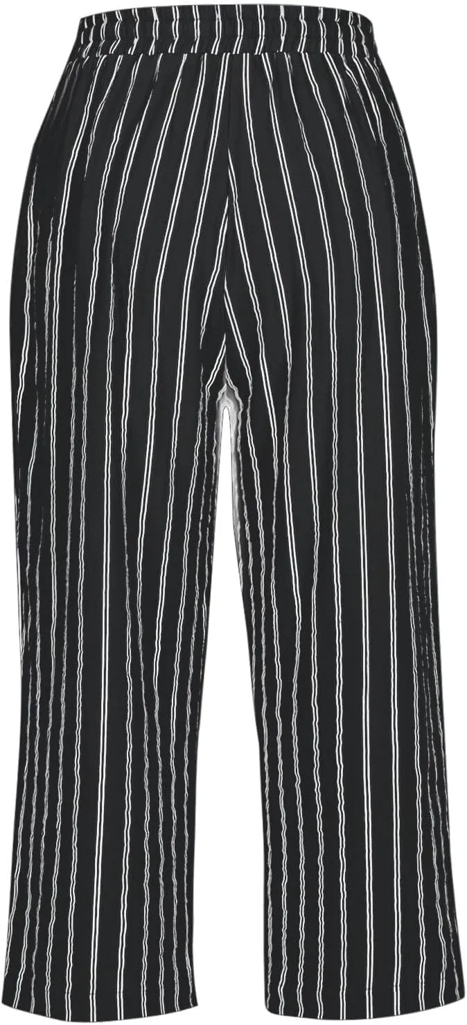 Linen Capri Pants for Women Summer Elastic Waist Casual Straight Leg Drawstring Beach Cropped Trousers with Pockets