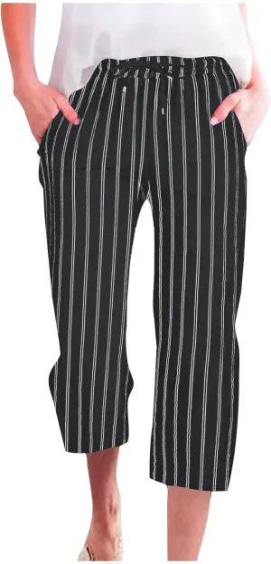 Linen Capri Pants for Women Summer Elastic Waist Casual Straight Leg Drawstring Beach Cropped Trousers with Pockets