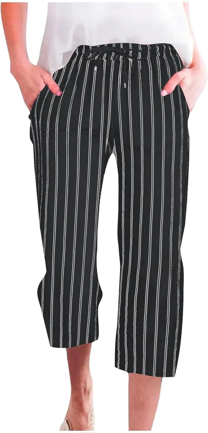 Linen Capri Pants for Women Summer Elastic Waist Casual Straight Leg Drawstring Beach Cropped Trousers with Pockets