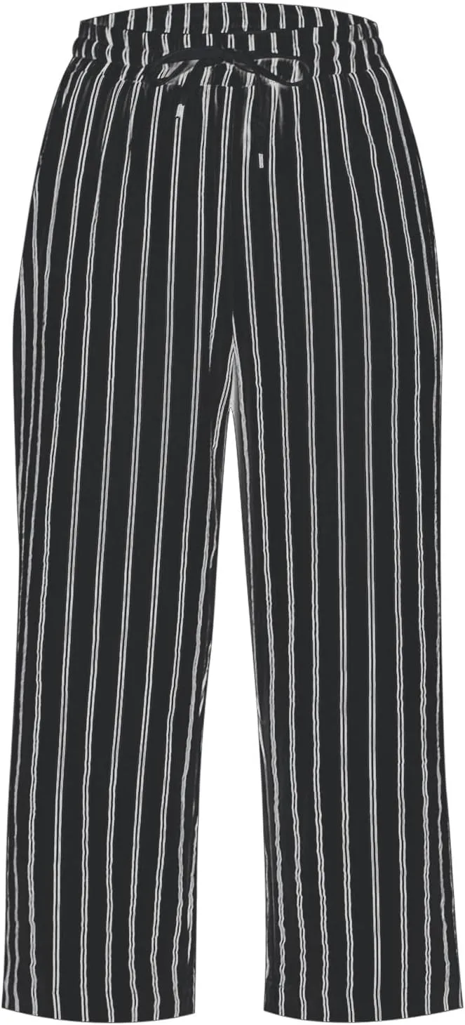 Linen Capri Pants for Women Summer Elastic Waist Casual Straight Leg Drawstring Beach Cropped Trousers with Pockets