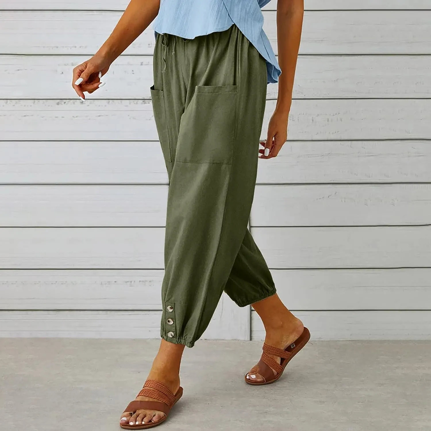 Linen Capri Pants Women 2025 Summer High Waisted Casual Pants Loose Drawstring Wide Leg Slacks Trousers with Pockets
