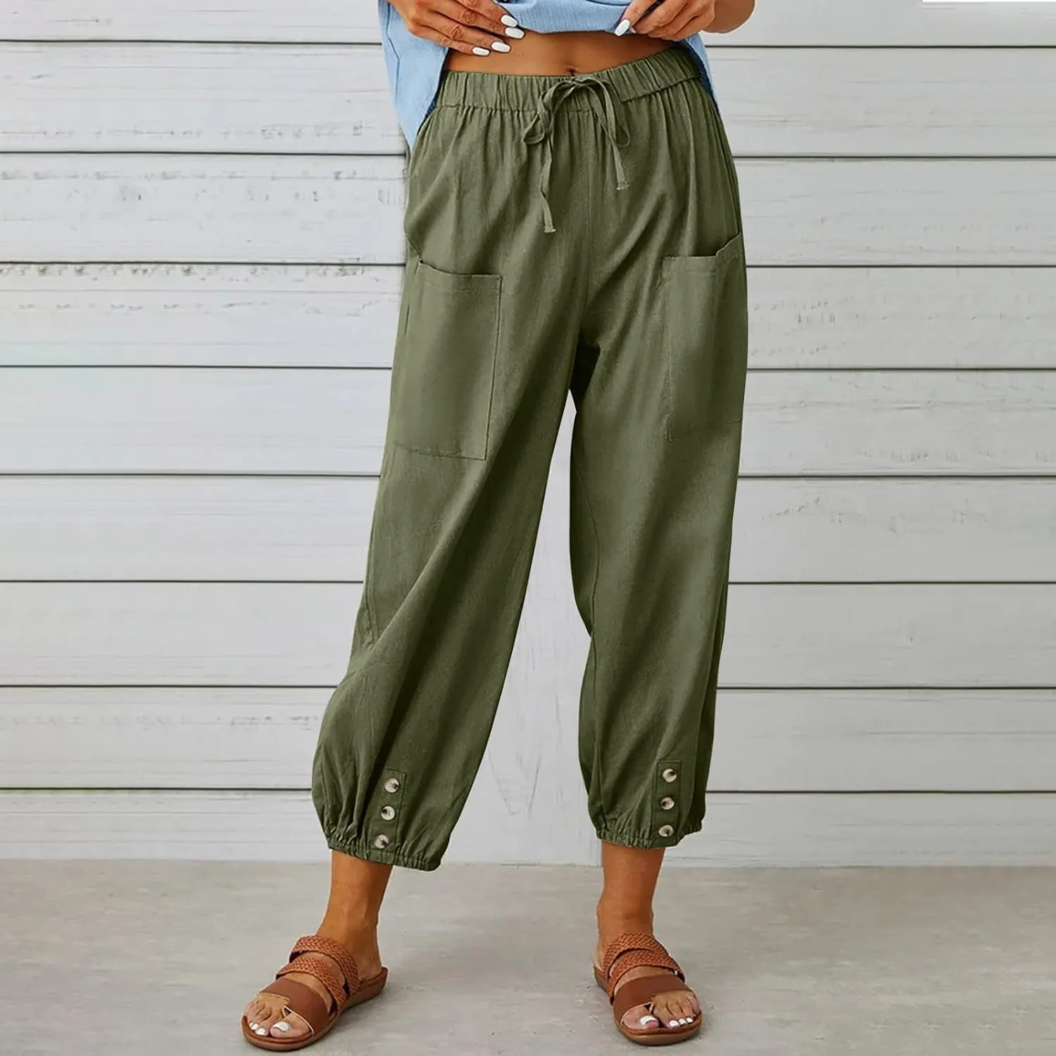 Linen Capri Pants Women 2025 Summer High Waisted Casual Pants Loose Drawstring Wide Leg Slacks Trousers with Pockets