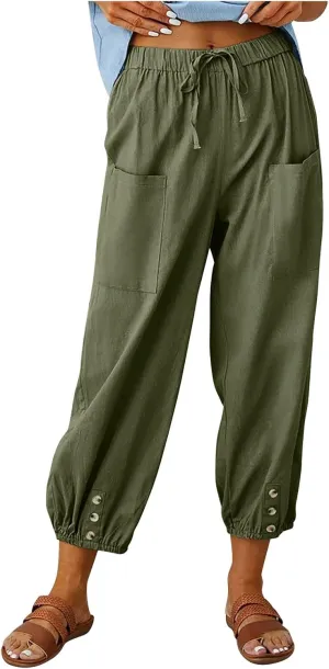Linen Capri Pants Women 2025 Summer High Waisted Casual Pants Loose Drawstring Wide Leg Slacks Trousers with Pockets