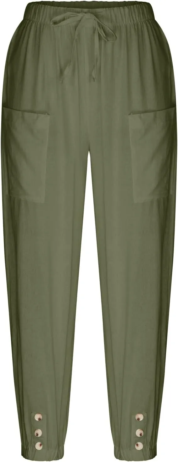 Linen Capri Pants Women 2025 Summer High Waisted Casual Pants Loose Drawstring Wide Leg Slacks Trousers with Pockets