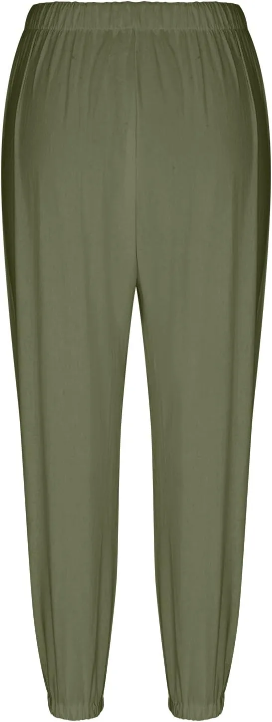 Linen Capri Pants Women 2025 Summer High Waisted Casual Pants Loose Drawstring Wide Leg Slacks Trousers with Pockets