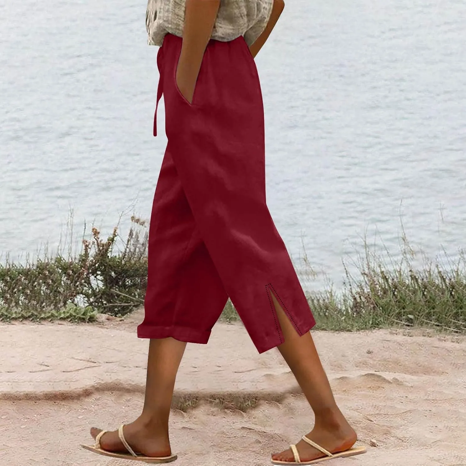 Linen Capris Pants for Women 2025 Summer High Waist Elastic Straight Leg Trousers Casual Beach Loose Fit Lounge Wear