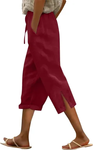 Linen Capris Pants for Women 2025 Summer High Waist Elastic Straight Leg Trousers Casual Beach Loose Fit Lounge Wear