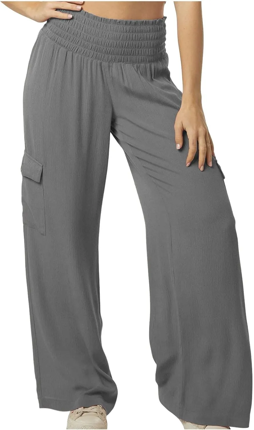 Linen Cargo Pants Women Summer High Waist Elastic Wide Leg Trousers Casual Comfy Beach Palazzo with Big Pockets