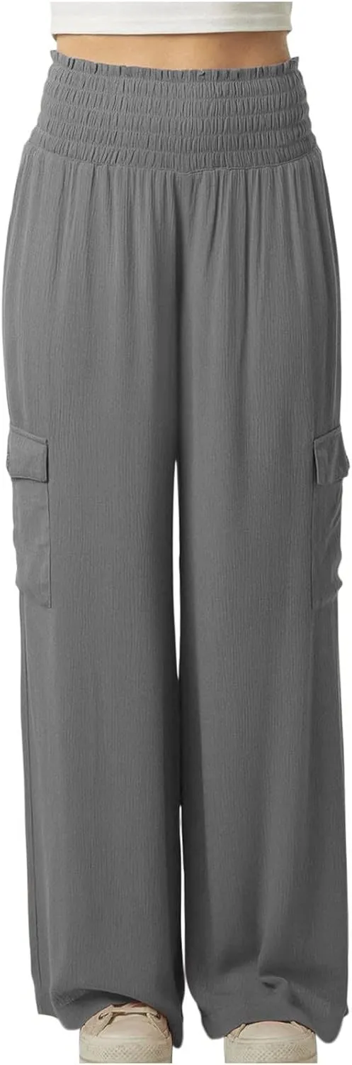 Linen Cargo Pants Women Summer High Waist Elastic Wide Leg Trousers Casual Comfy Beach Palazzo with Big Pockets