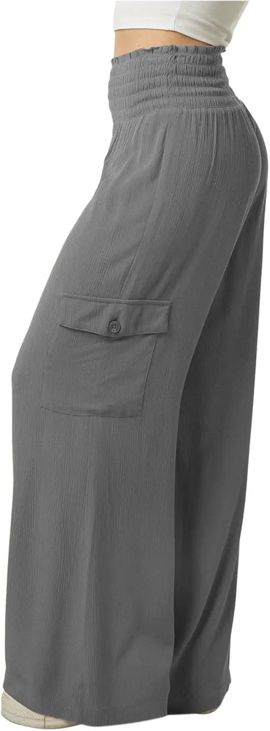 Linen Cargo Pants Women Summer High Waist Elastic Wide Leg Trousers Casual Comfy Beach Palazzo with Big Pockets