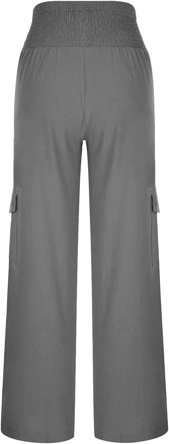 Linen Cargo Pants Women Summer High Waist Elastic Wide Leg Trousers Casual Comfy Beach Palazzo with Big Pockets