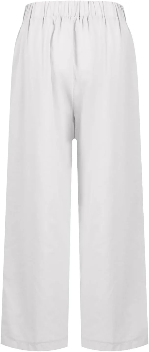 Linen Cropped Pants for Women Summer Trousers Plus Size Pants Trendy Drawstring Elastic Waist Joggers with Pockets