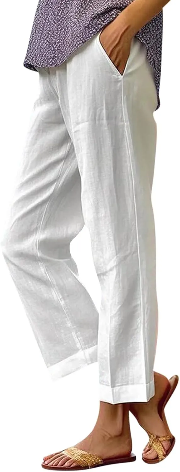 Linen Cropped Pants for Women Summer Trousers Plus Size Pants Trendy Drawstring Elastic Waist Joggers with Pockets